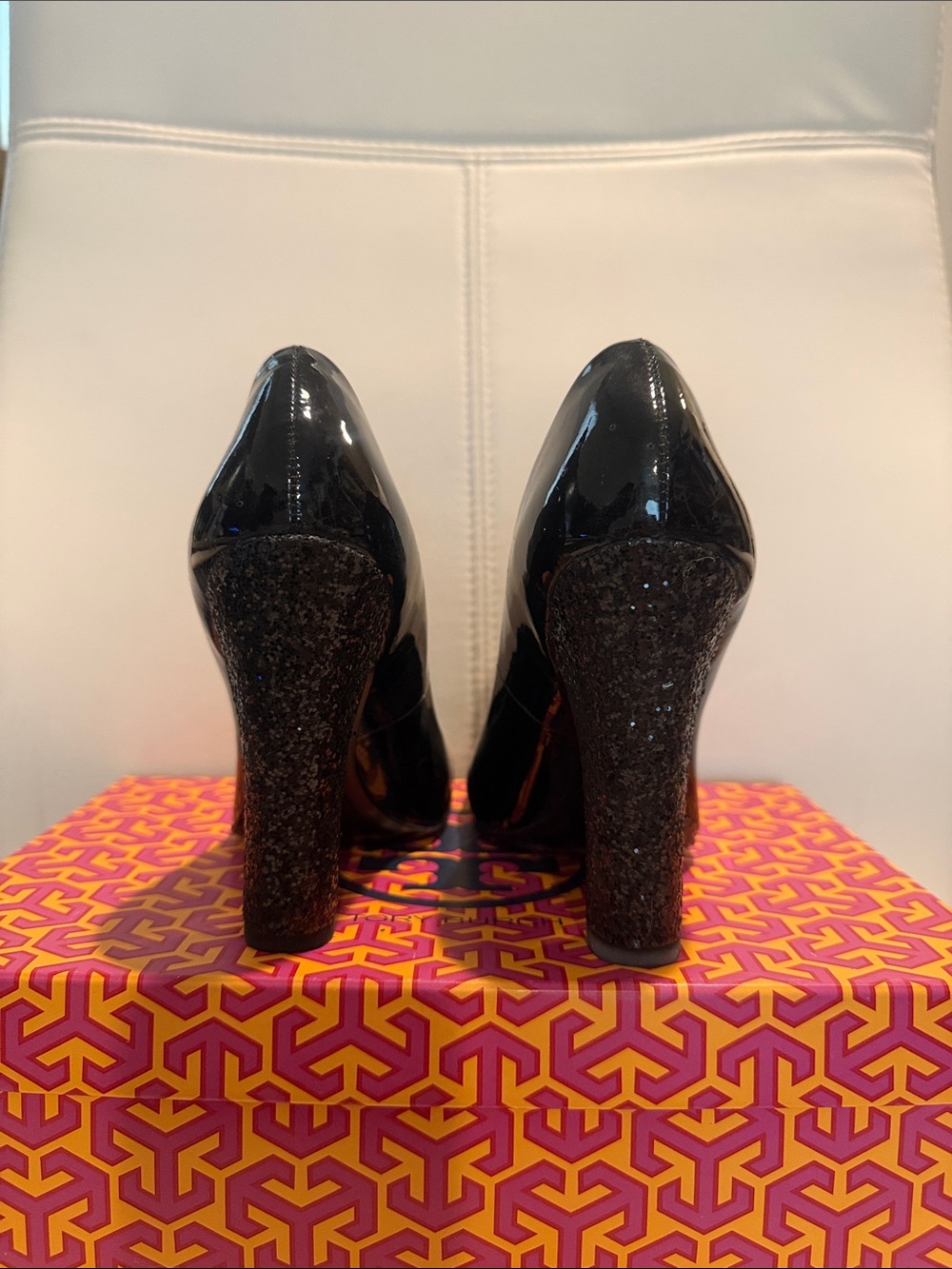 Tory Burch Black Patent Block Heel Pumps - Picture 2 of 8